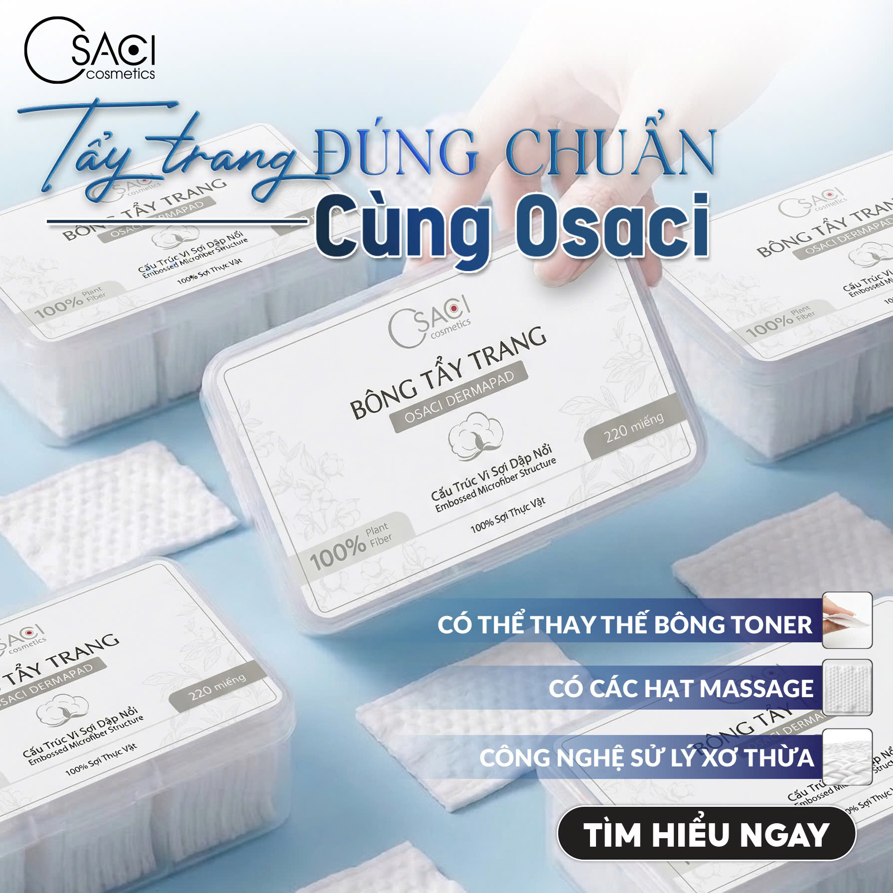 Túi 150 Miếng Bông Tẩy Trang 2 Lớp Tách Đôi - Cấu Trúc Vi Sợi Dập Nổi Không Xơ Bông Osaci Dermapad - Hình sản phẩm