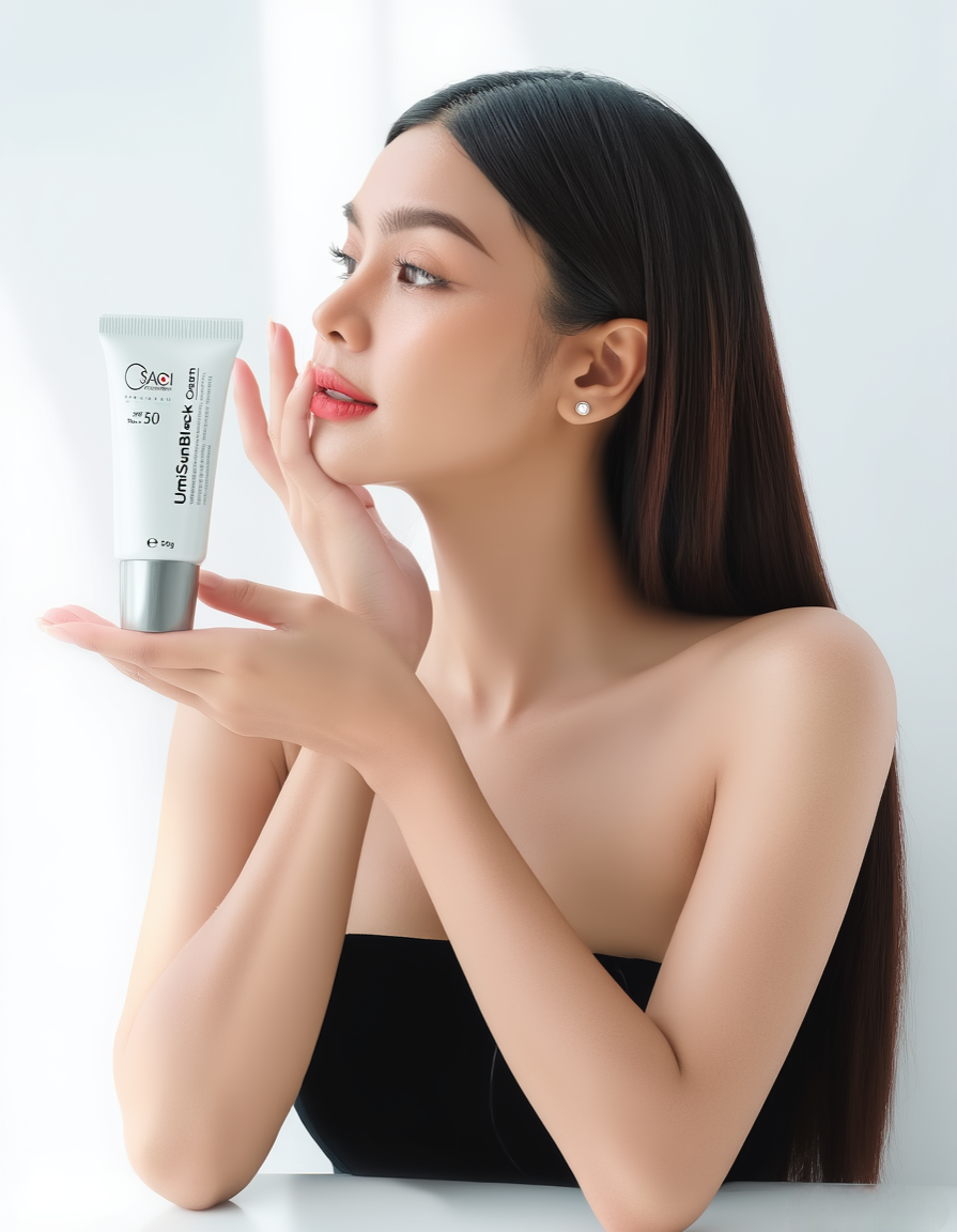 Người mẫu cầm trên tay sản phẩm UmiSunBlock của Osaci